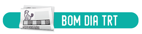 Descrição: cabeçalho Bom Dia TRT. Barra na cor verde-água e texto na cor branca. Do lado esquerdo, a ilustração de um jornalzinho com um cachorro na capa.